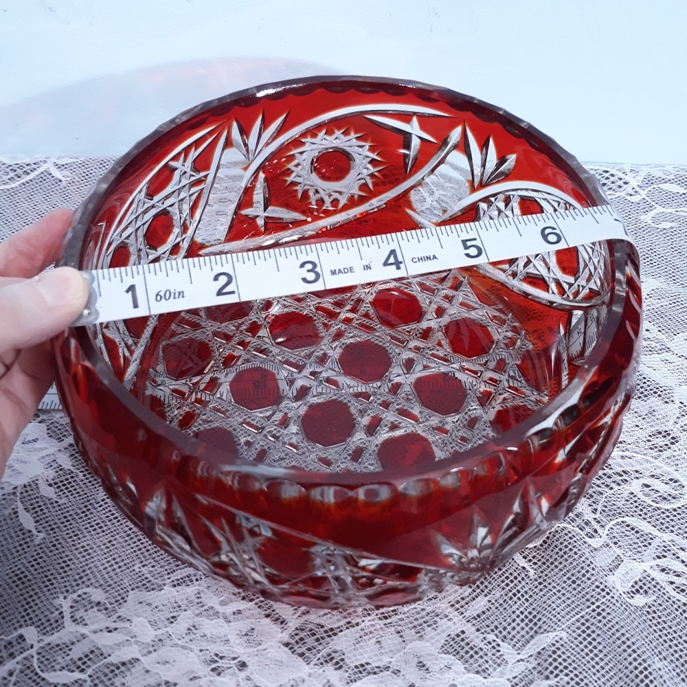 Large Ruby Red Cut to Clear Crystal Glass Centerpiece Bowl for Entertaining - Picture 7 of 16